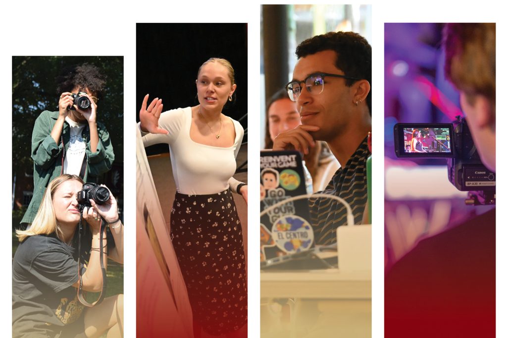 Montage of photos of students creating content with cameras, computers, presentations and video cameras