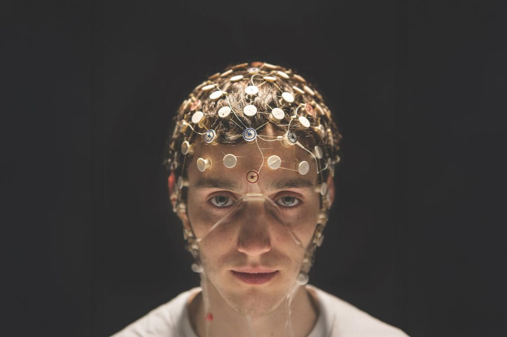 Student wearing an electrode cap.