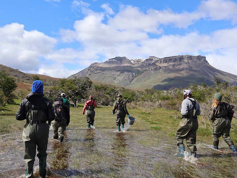 Elon students, dressed in waders and carrying buckets, head toward a mountain in Puerto Natales, Chili, during a study abroad experience.