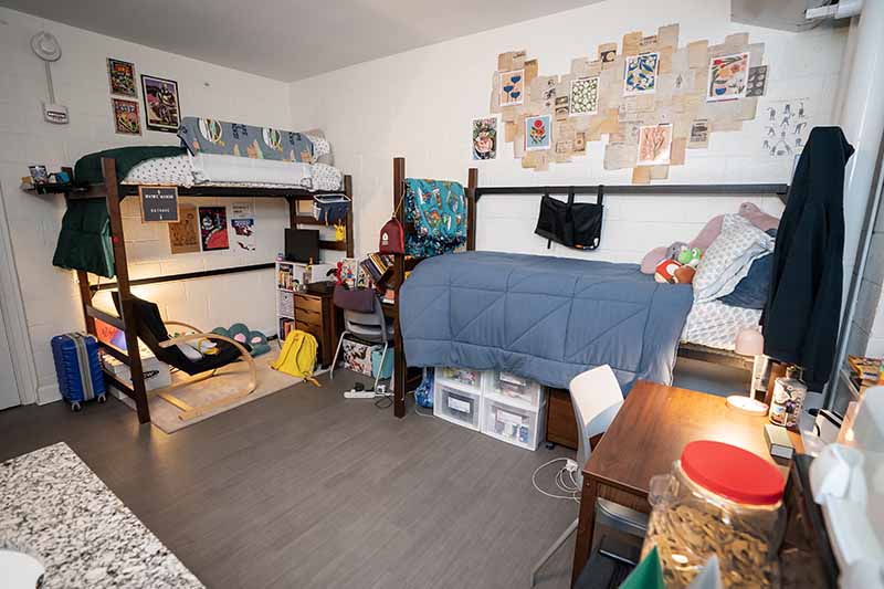 A double room in Virginia Hall. One bed is set up like a high loft with a seating area beneath it and the other is a lower loft with storage underneath it.