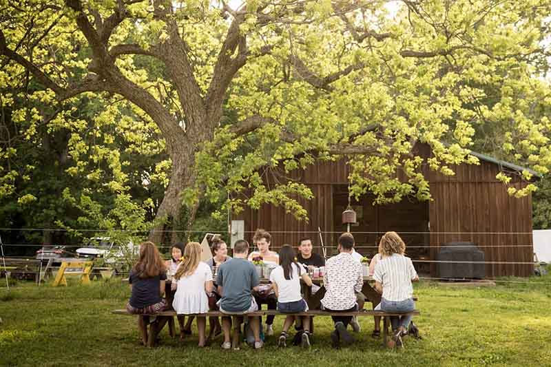 Students dine at a picnic table under a tree at Loy Farm. There is a metal barn in the background.