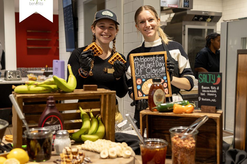 Last day of class pop-up location serving waffles with a variety of toppings