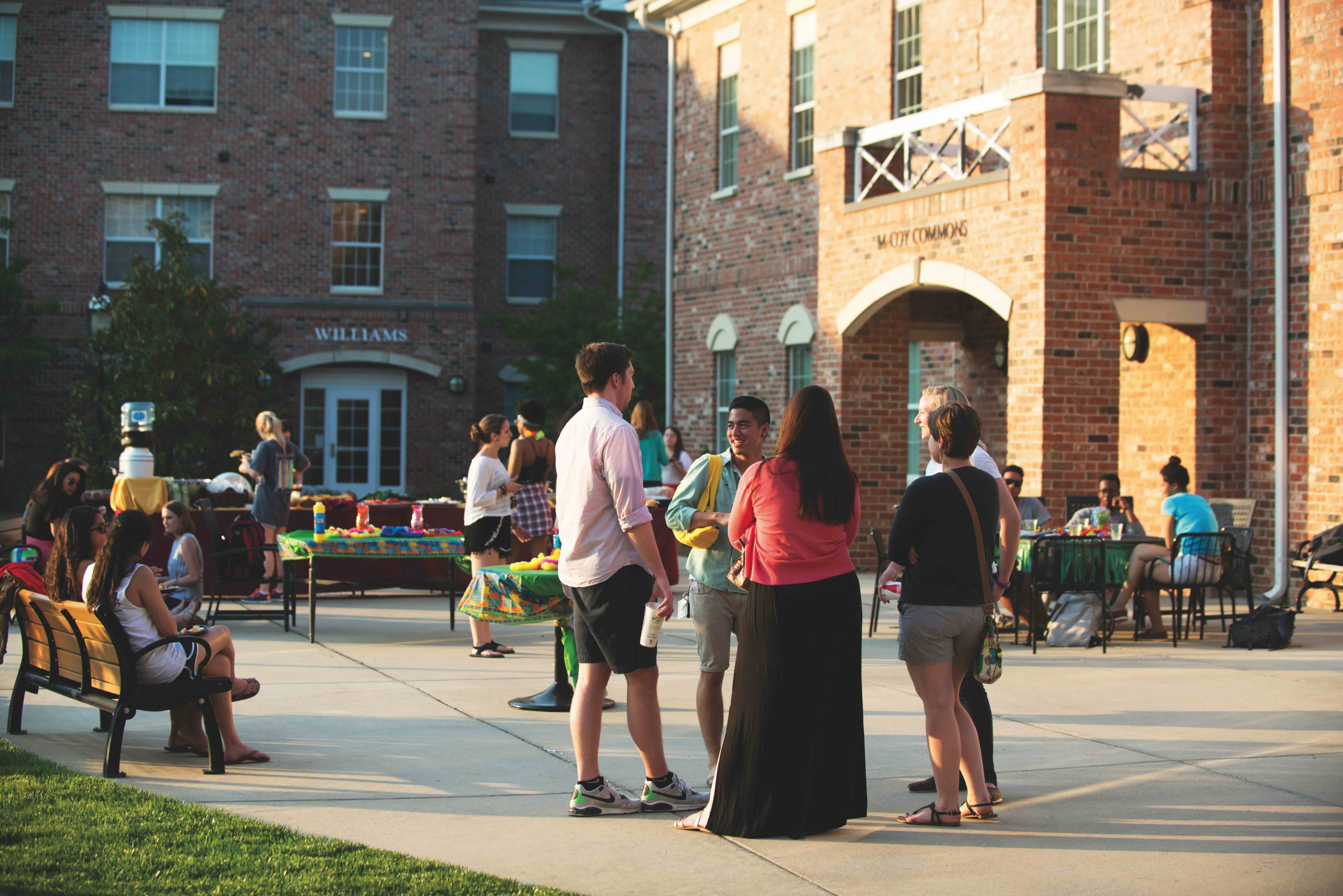 Students sitting at tables and standing in groups at a cookout.