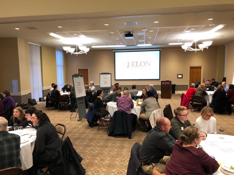 A large group gathered in a meeting room for a strategic planning listening session with a video screen in the background showing the Elon logo..