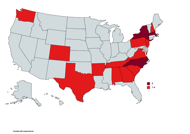 Map of the United States with Washington, Colorado, Texas, Arkansas, George, Alabama, South Carolina, North Carolina, Tennessee, Virginia, Pennsylvania, New Jersey, Massachusetts and New Hampshire highlighted.