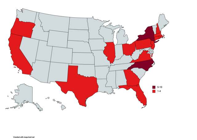 Map of the United States with the following states highlighted: Oregon, California, Texas, Illinois, Ohio, Georgia, Florida, North Carolina, Virginia, Washington, D.C., Pennsylvania, New Jersey, New York, Connecticut, Rhode Island, Massachusetts, and New Hampshire.
