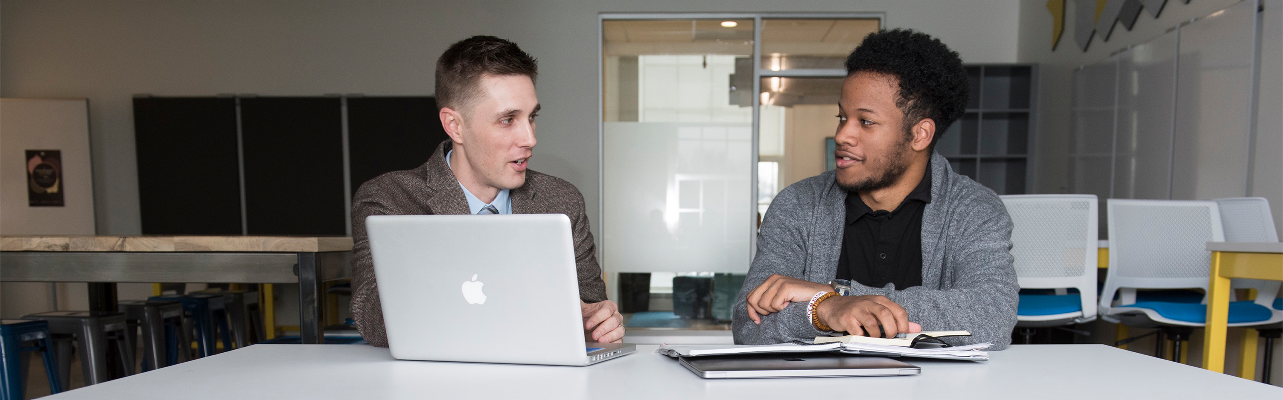 Assistant Professor Brandon Sheridan and Judah Brown '19 discuss research in Design Lab.