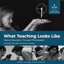 Photo of a book that is black and blue with a woman holding a physics experiment and below images of people collaborating together. The title reads "What Teaching Looks Like: Higher Education through Photographs"