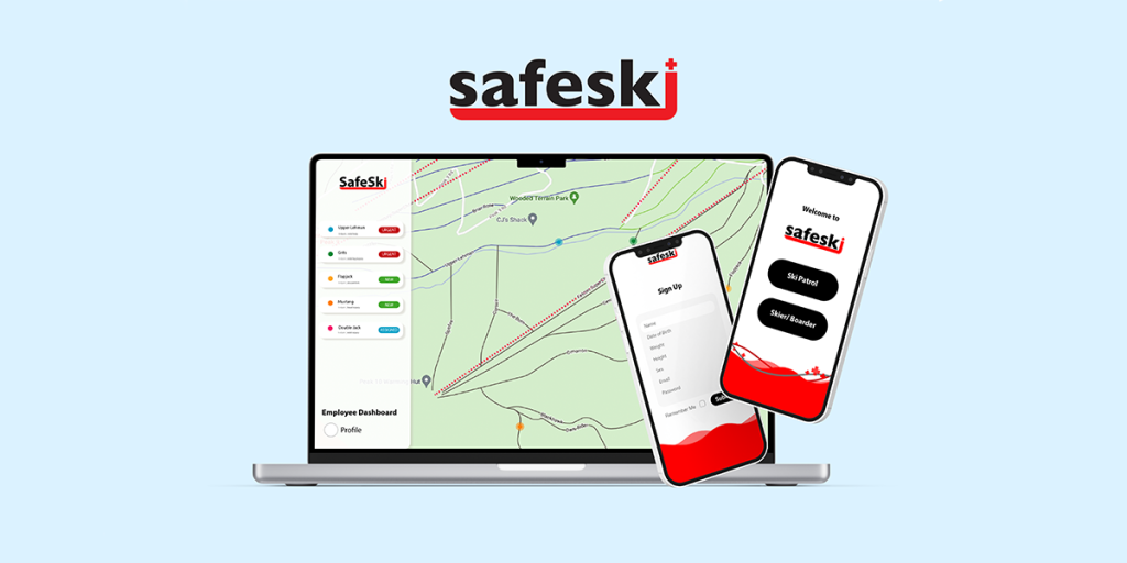 A laptop and two mobile phones under a wordmark for SafeSki.