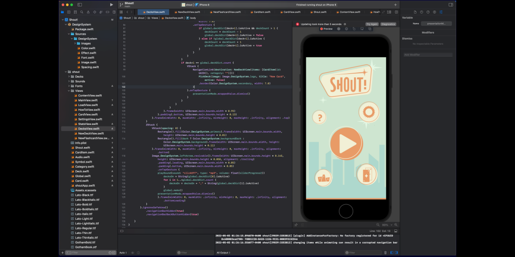 Screenshot of app in Xcode