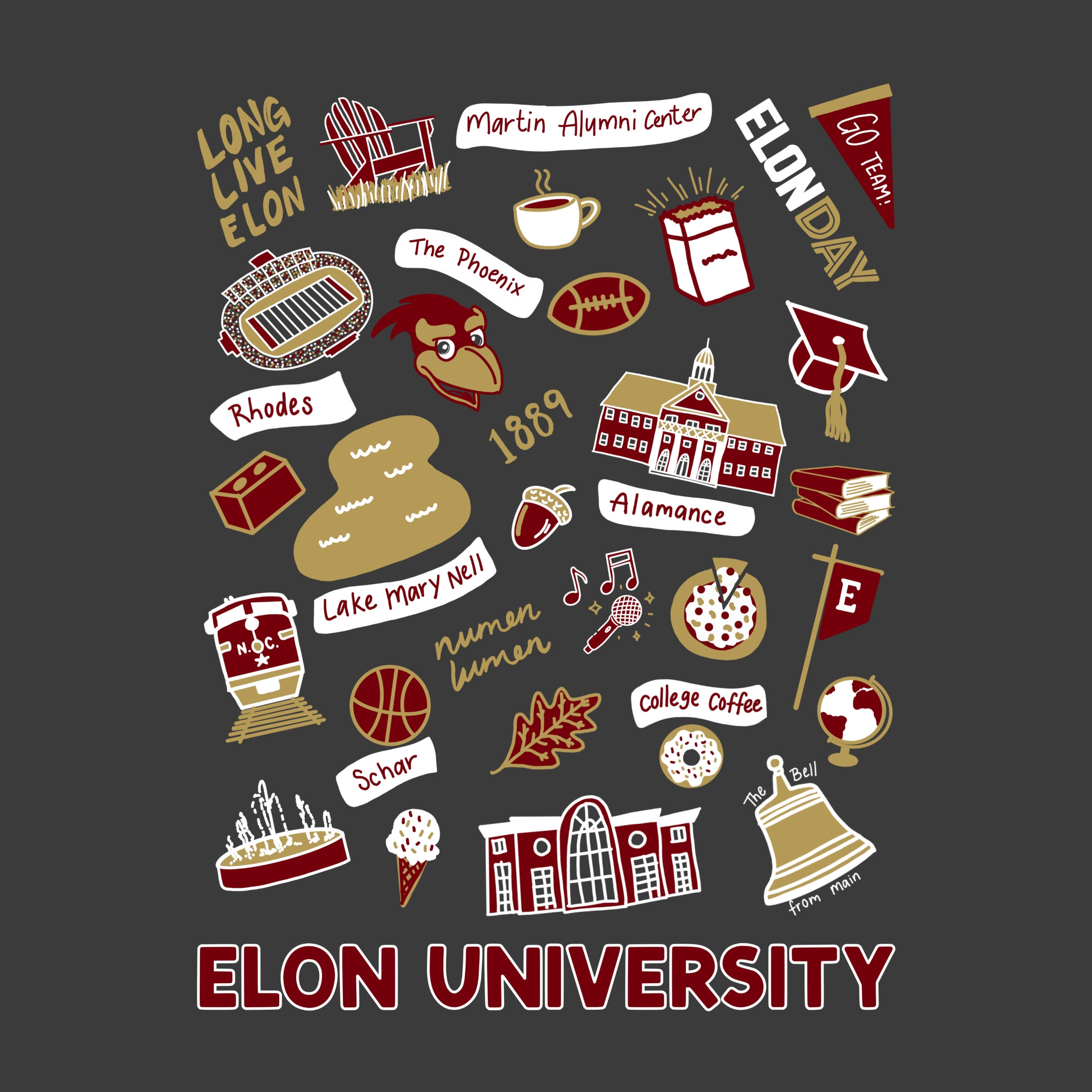 icons from Elon campus, different doodles of buildings, traditions and things that are Elon, showing detail of the back of the shirt