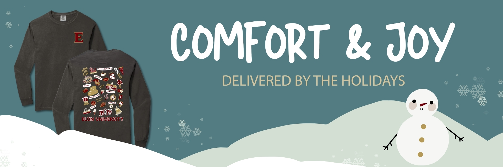 Comfort and Joy delivered by the holidays, winter cartoon background in blue and white, long sleeve dark gray shirt with campus icons