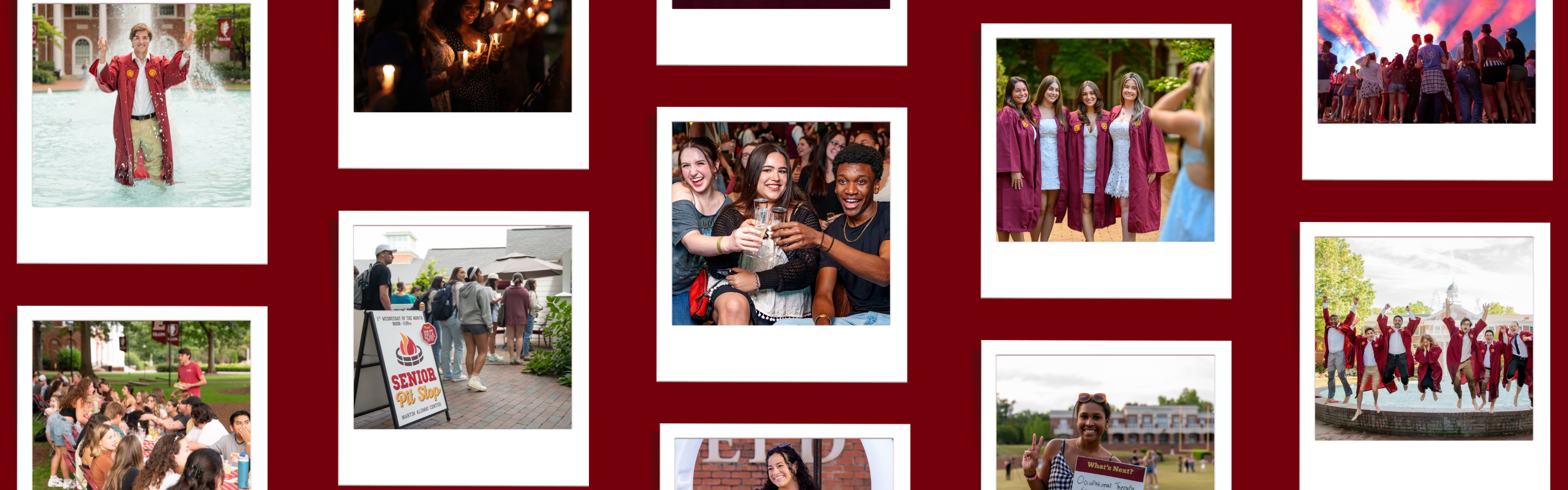 maroon background, polaroids of different senior moments: fountain photos, senior toast, pit stop, grad photos, senior celebration, baccalaureate, picnic
