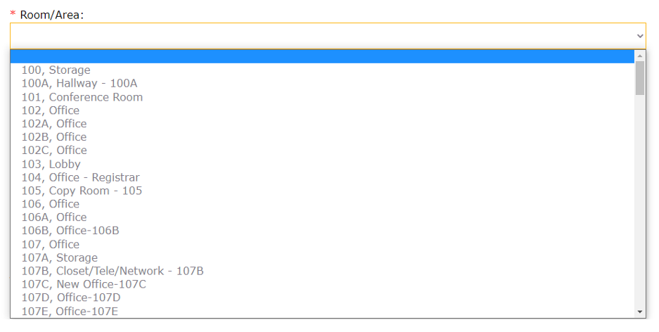 Screenshot of the room selection field