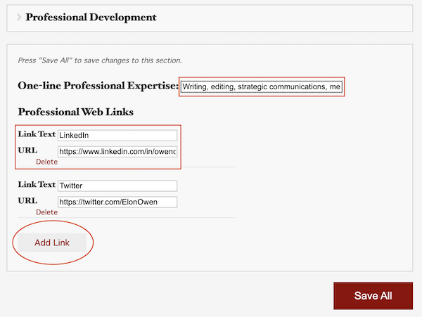 Screenshot showing how to edit the professional expertise section