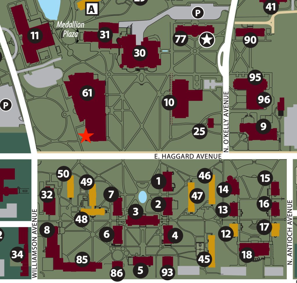 Map showing the location of the entrance to alumni gym