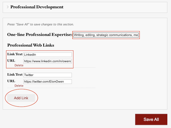 Screen capture highlighting editable areas of professional skills and web links section