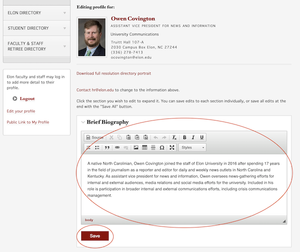 Screen capture showing location of brief biography text editor and save button