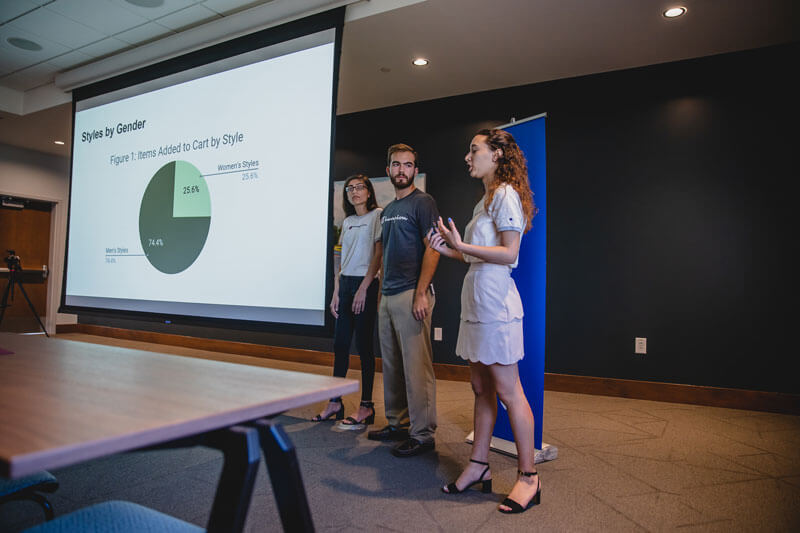 Three students standing beside a projector screen displaying a pie graph.