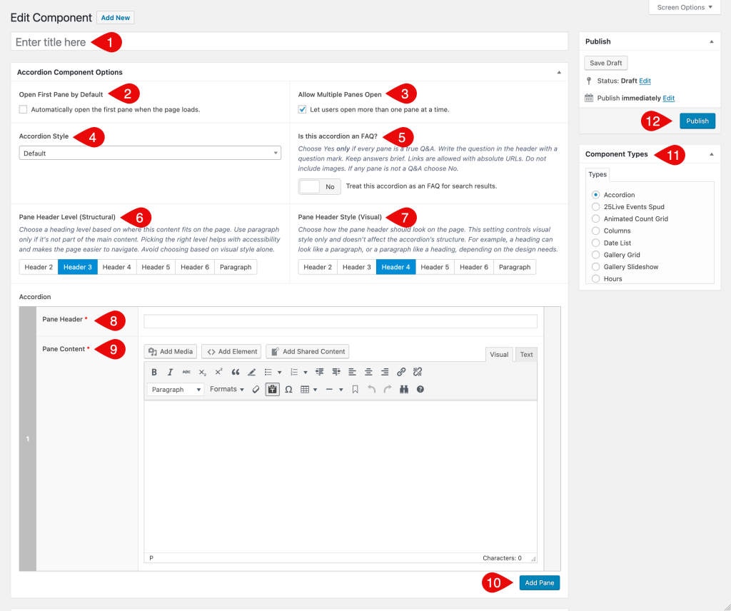 Accordion Component options screen in WordPress with callouts 1–12.