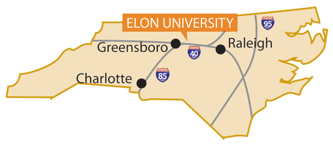 Map of North Carolina showing Elon's location in proximity to Greensboro, Raleigh and Charlotte.