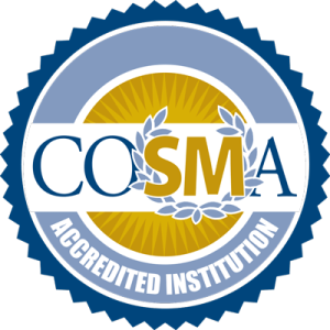 Blue and gold seal badge containing the words "COSMA Accredited Institution."