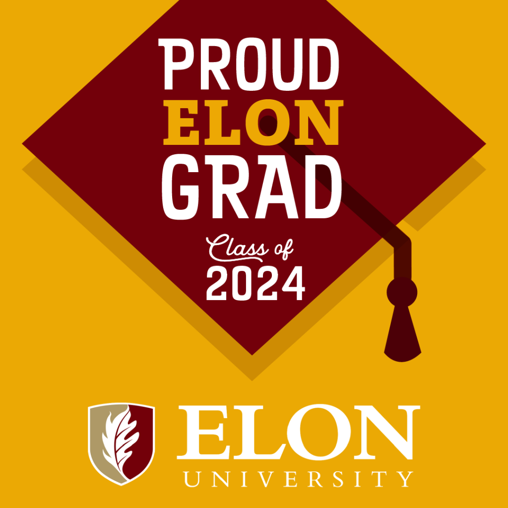Proud Elon Grad Class of 2024 social media graphic with an ochre yellow background
