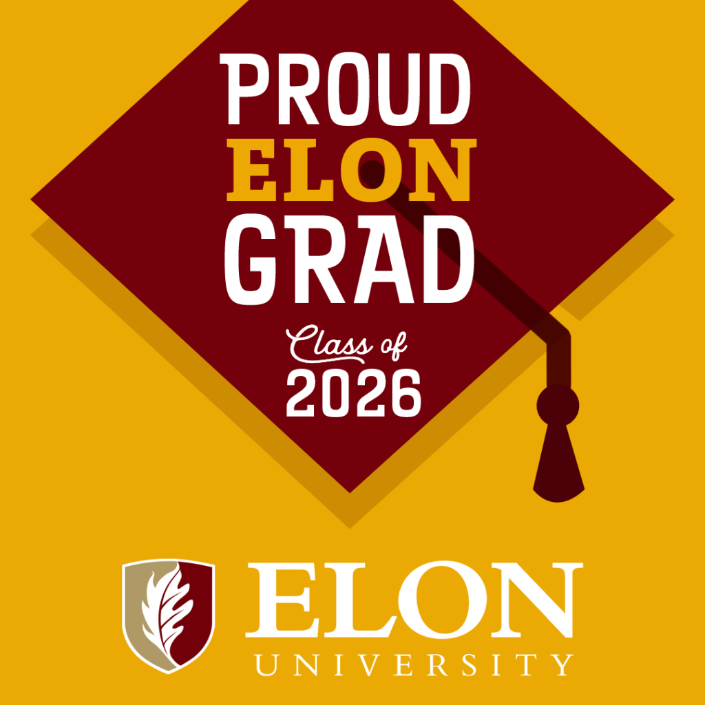 Proud Elon Grad Class of 2026 social media graphic with an ochre yellow background