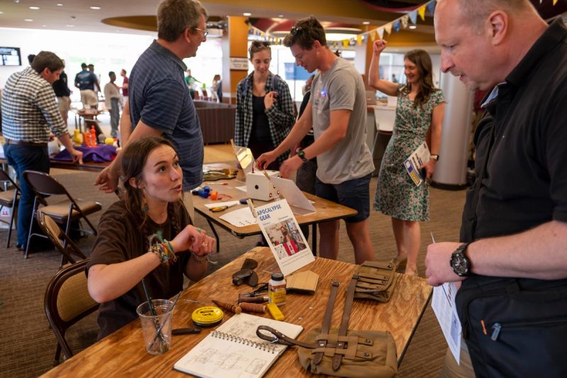 A student displays and talks about the outdoor gear they designed and made at Elon's Maker Takeover.
