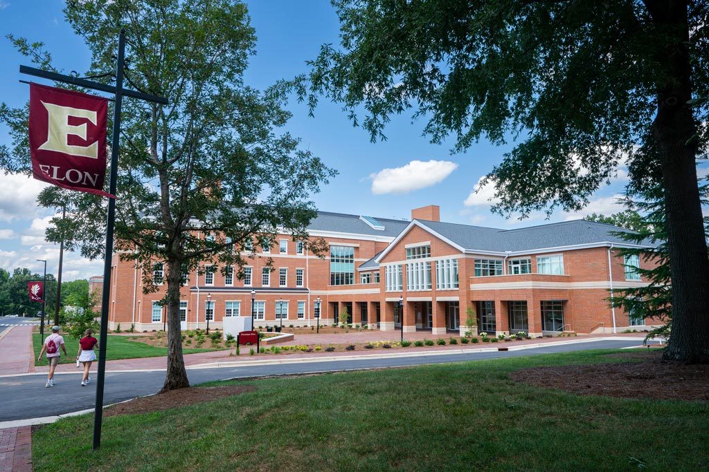 Exterior view of Elon's new Founders Hall in the Innovation Quad.