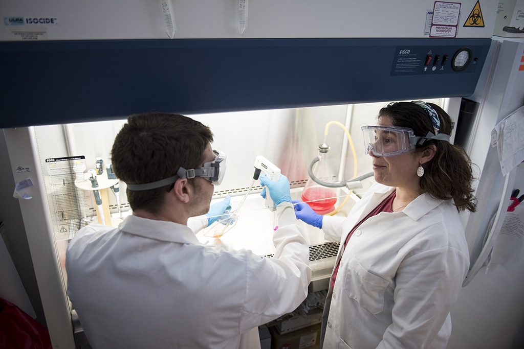 An Elon chemistry professor works with a student in a laboratory.