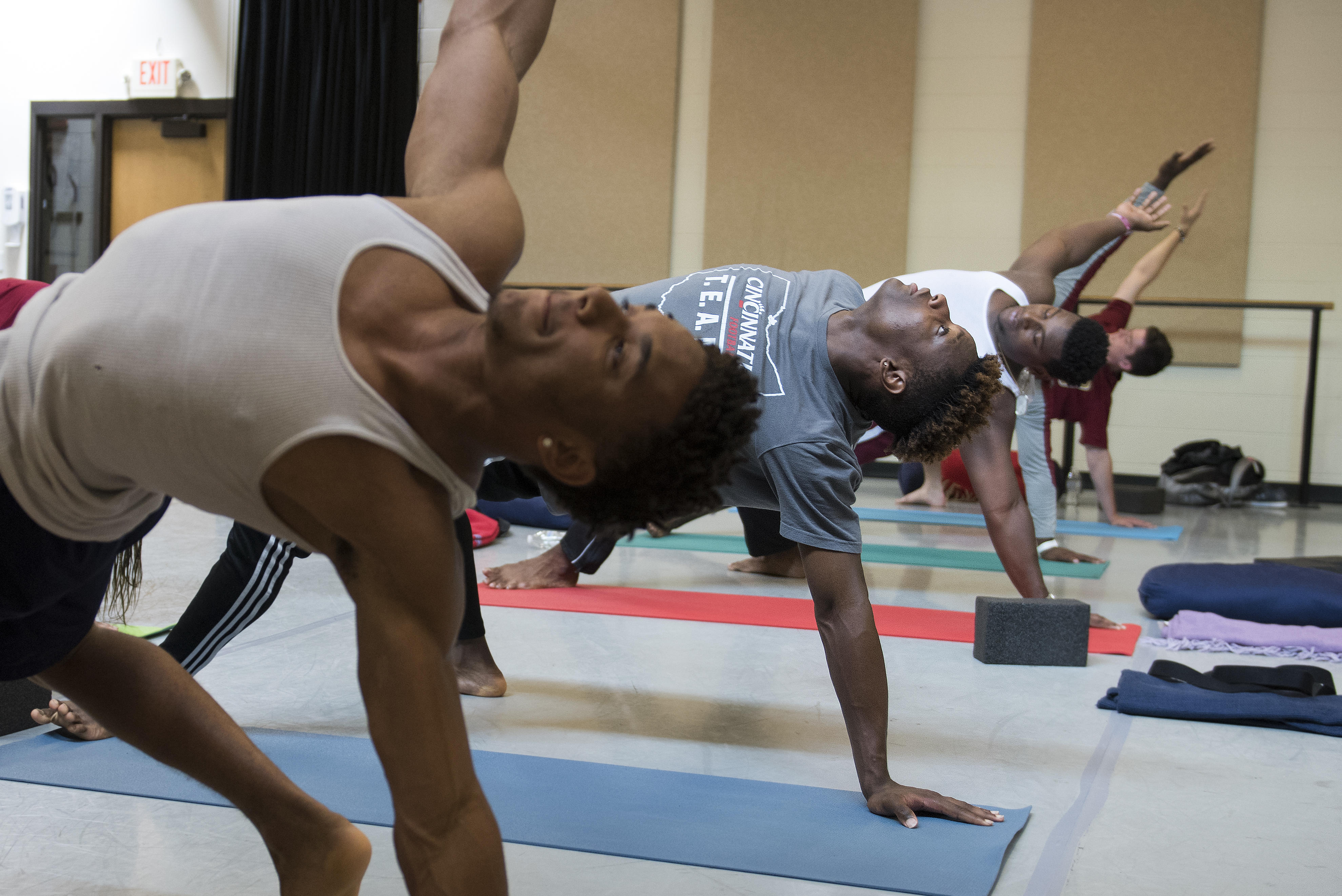 JUNE 13, 2018: Professor of Dance Lauren Kearns works with students in her summer yoga class in the Center for the Arts. (photo by Kim Walker)