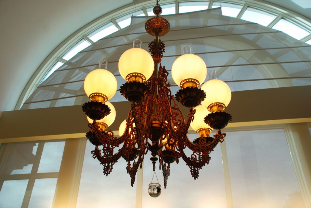The Chandelier that previously hung in the Administration building that now hangs in the university archives.nce Building.