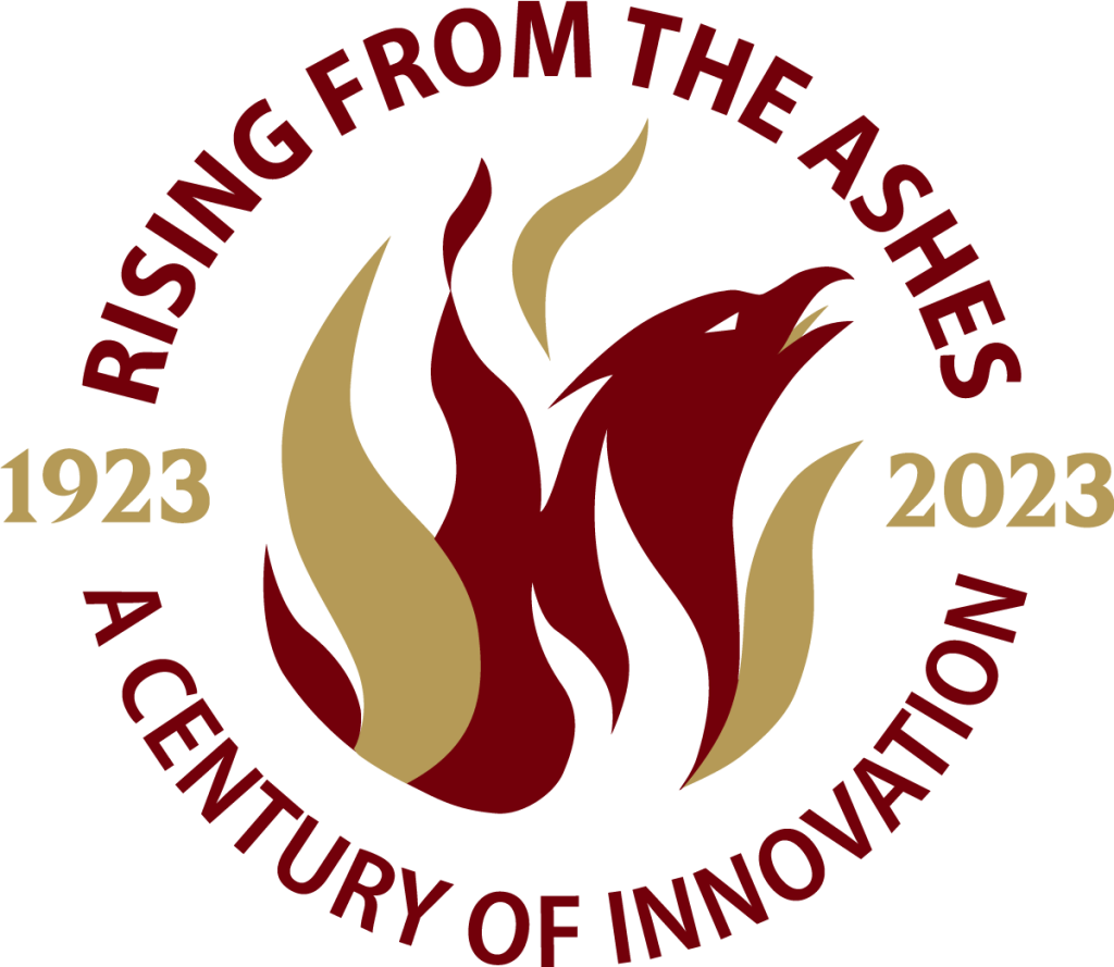 Elon's 1923 Commemoration logo consisting of an illustration that combines a phoenix and stylized flames that reads "Rising from the Ashes: 1923 - 2023, A century of innovation."