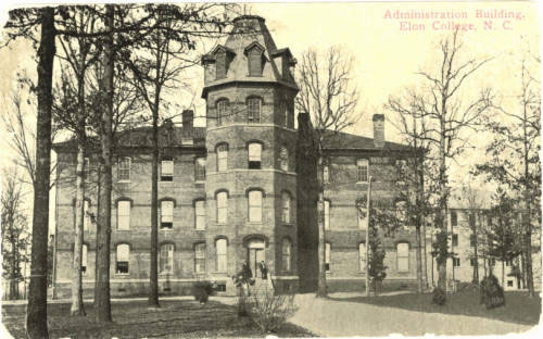 Sepia tone scan of a historic photograph of the Elon College Administration Building Circa 1900 – 1910.
