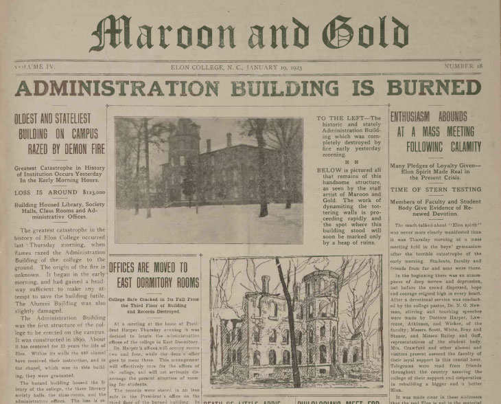 Sepia tone scan of a clipping from the Elon College newspaper, the Maroon and Gold with a front-page story about the fire that destroyed the main administration building in 1923.