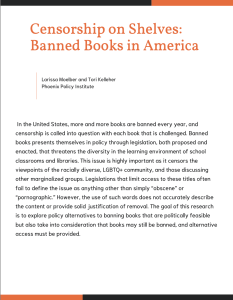 Cover image of policy memo titled Censorship on Shelves: Banned Book in America by Tori Kelleher and Larissa Moelber