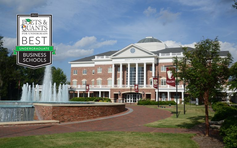 An exterior view of the Koury Business Center, which houses Elon's Business School