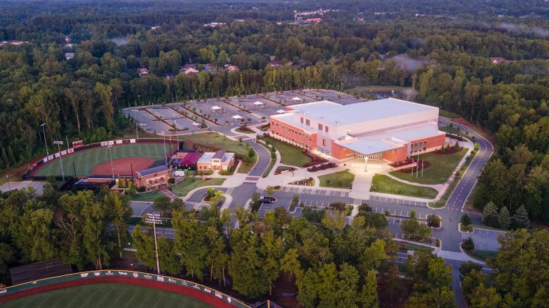 An aerial view of Schar Center, the home of the basketball and volleyball programs at Elon University