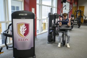 Monty Tucker ’27, of England, works out in the Stewart Fitness Center at Elon University, February 19, 2024.