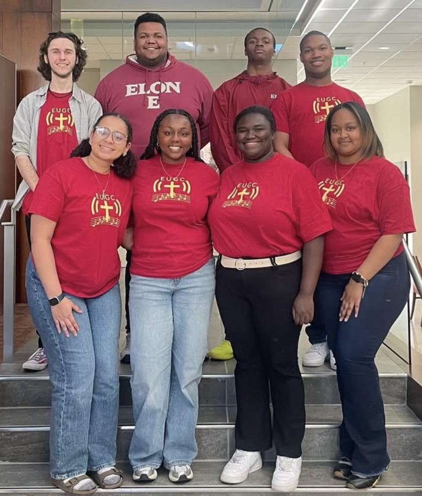 Elon Gospel Choir on the stairs inside Global Commons.
