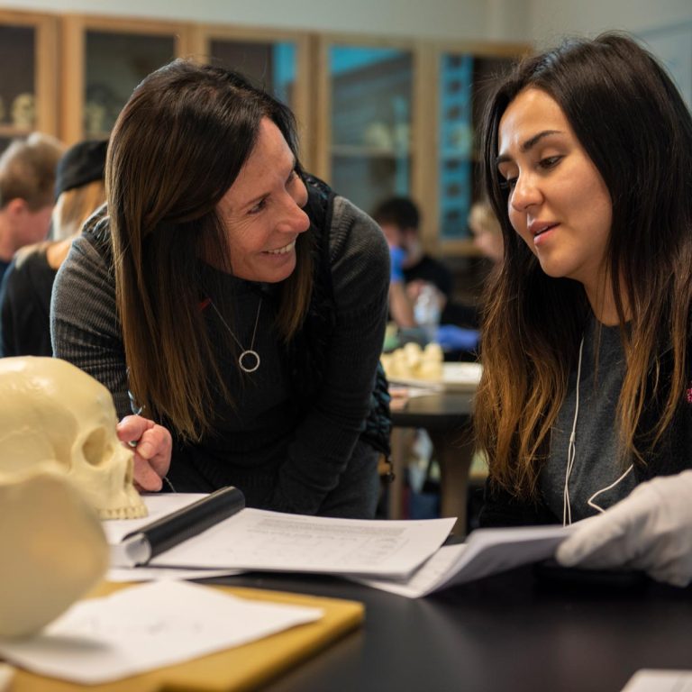 Associate Professor of Anthropology Rissa Trachman teaches a lesson in “Forensic Anthropology Osteological Evaluation” to an anthropology class.