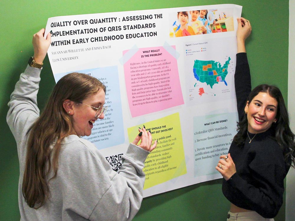 Against a vibrant green wall, two Phoenix Policy Institute students proudly hold their research poster on the topic of assessing the implementation of Q.R.I.S. standards within early childhood education.