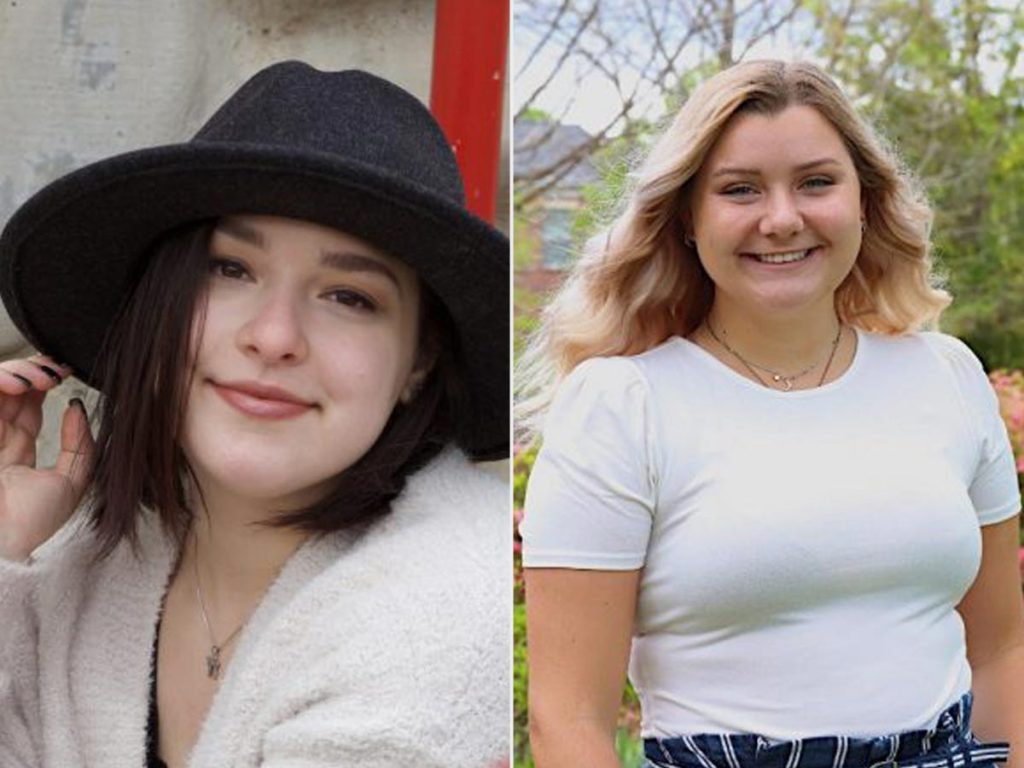 On the left: Maddy Starr, adorned with a cheerful smile, wearing a stylish floppy black hat. On the right: Peyton Rohlfs, also beaming with a smile, dressed in a white shirt, photographed outdoors amidst blooming bushes and trees.