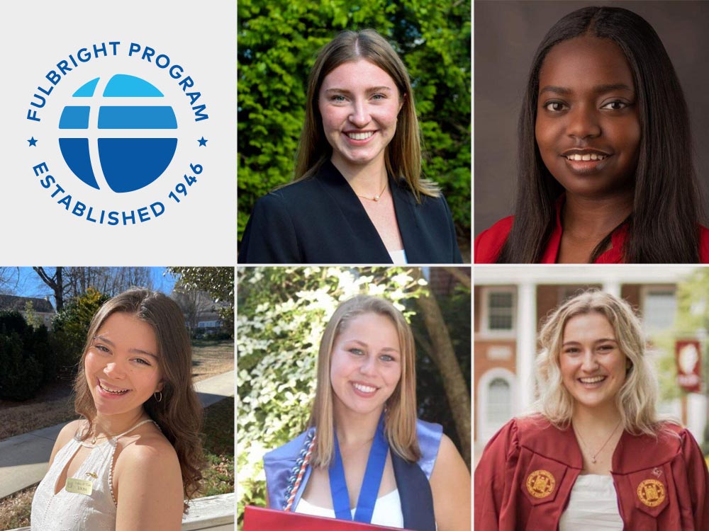 A collage featuring headshot images of five accomplished Elon University students and alumnae selected for the Fulbright Program, accompanied by the Fulbright logo in the top-left corner.