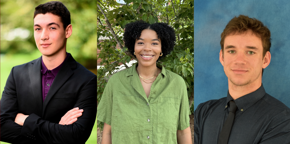 Portraits of, from left to right, of Chris D’Inzeo, Samuel Ramirez and Genesis Tolbert ’24