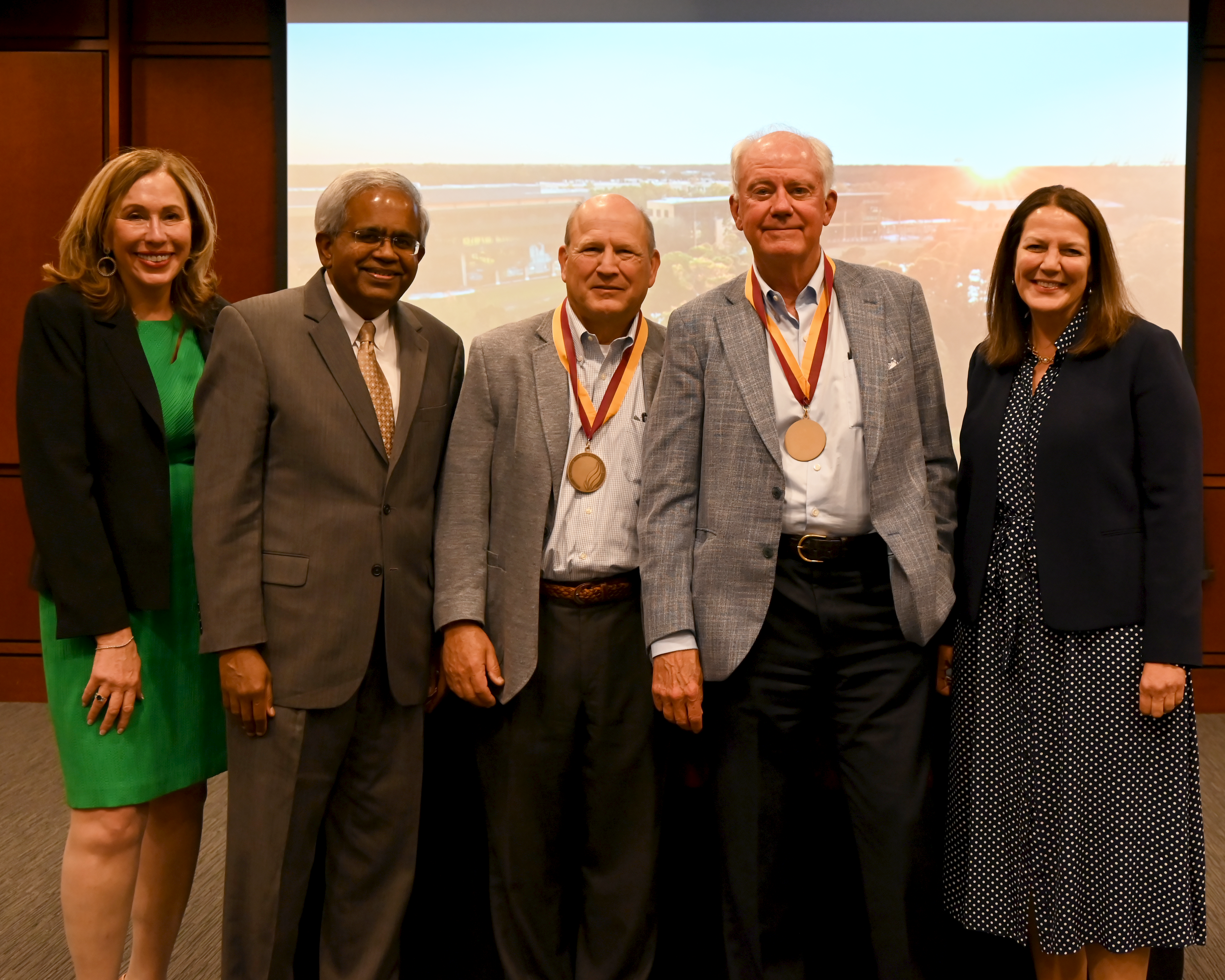 Alyssa Martina, former executive director of the Doherty Center, Dean Raghu Tadapelli, W. Lee Williams III, James S. “Chip” Mahan IIIand, Elon President Connie Book