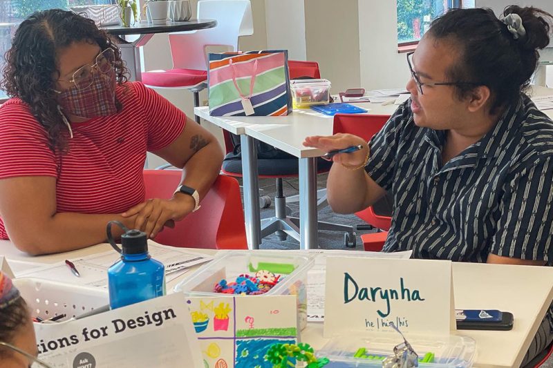 Two Elon MHE students working on a project in a class room