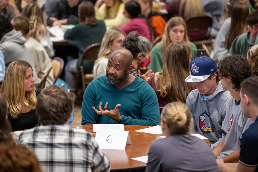 Waseem Kasim, Assistant Professor of History, speaks at “Contextualizing the Conflict: Conversations About the Middle East” October 18, 2023, in McKinnon Hall on the campus of Elon University.