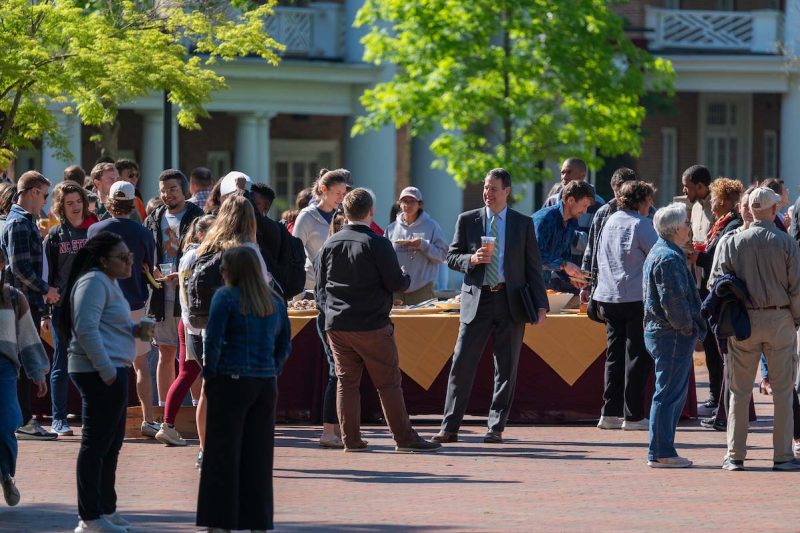 Photo of the Elon community at weekly college coffee event